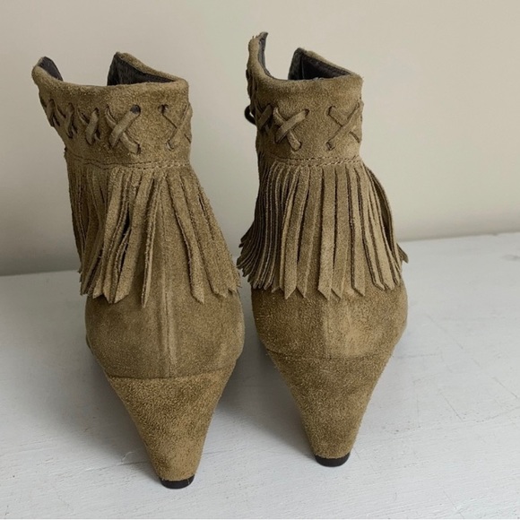 Sixtyseven Tan Suede Heeled Fringe Bohemian Lace Up Booties - Picture 4 of 6